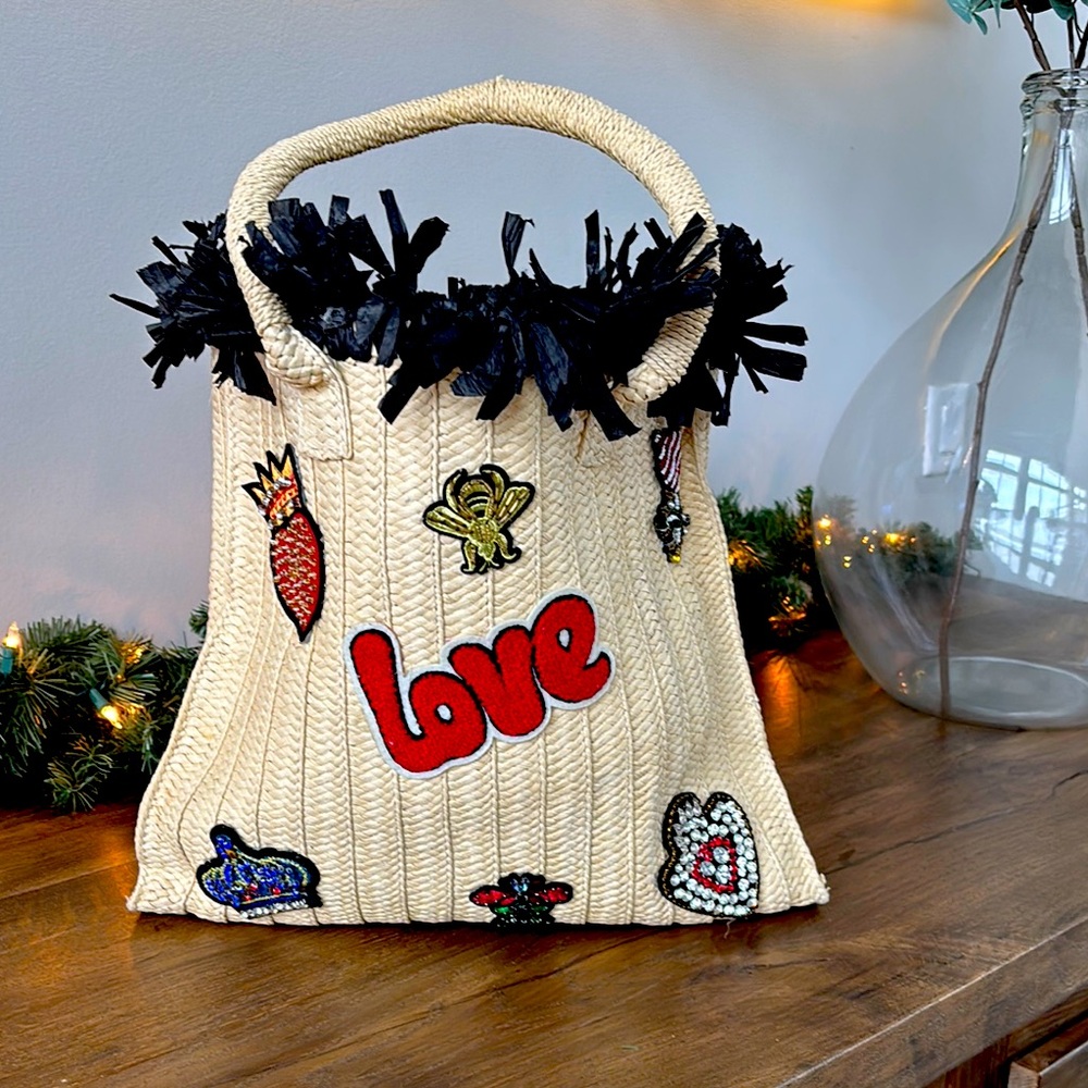 Embellished Woven Tote with Black Fringe